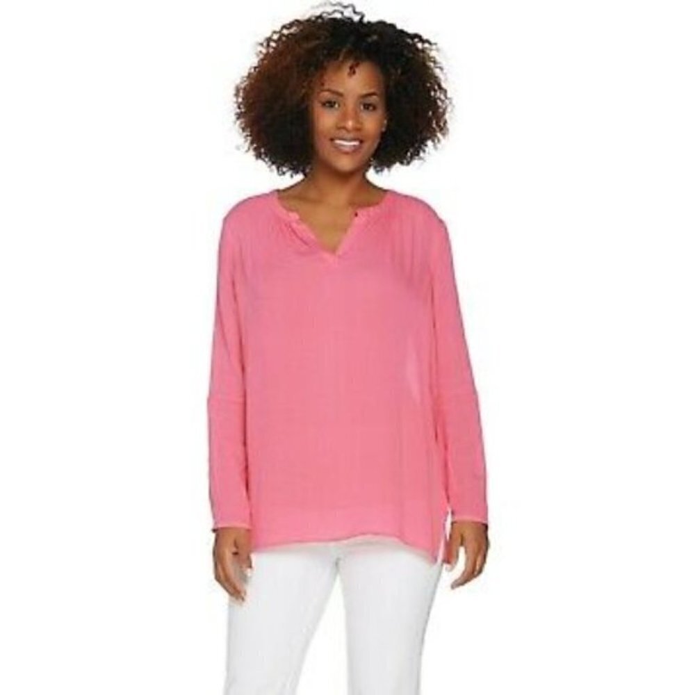 Kelly by Clinton Kelly Women's Size Medium Split Neck Woven Tunic Top Guava Pink